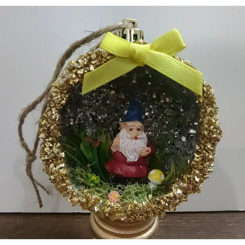 Garden Gnome Christmas Ornament Handmade Shatterproof Diorama Terrarium